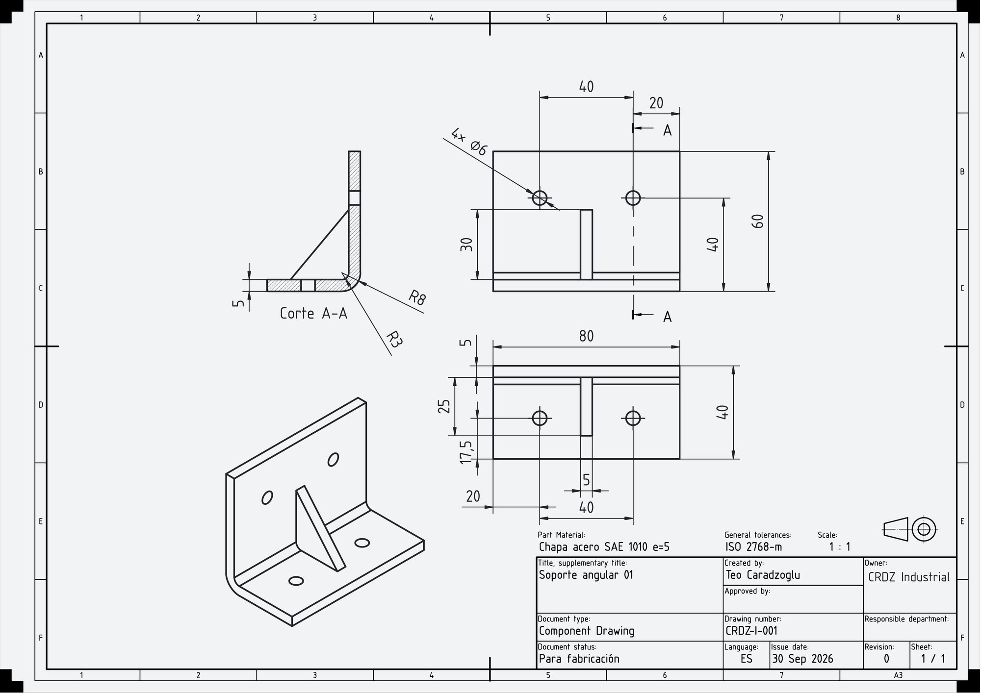Plano de fabricación CRDZ-I-001 con vistas, corte A-A, cotas y rótulo