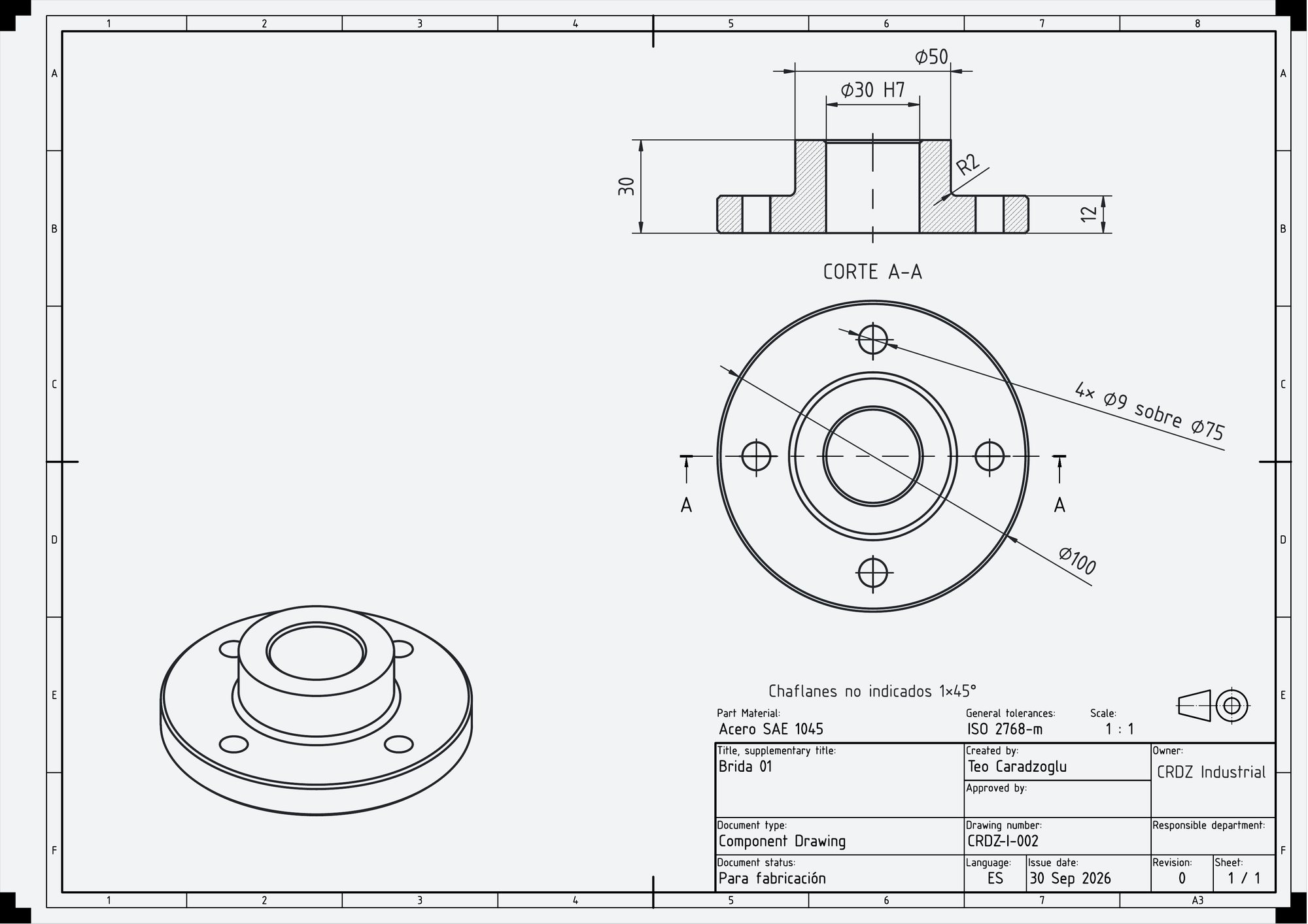 Plano de fabricación CRDZ-I-002 con corte A-A, planta, isométrica, cotas y rótulo