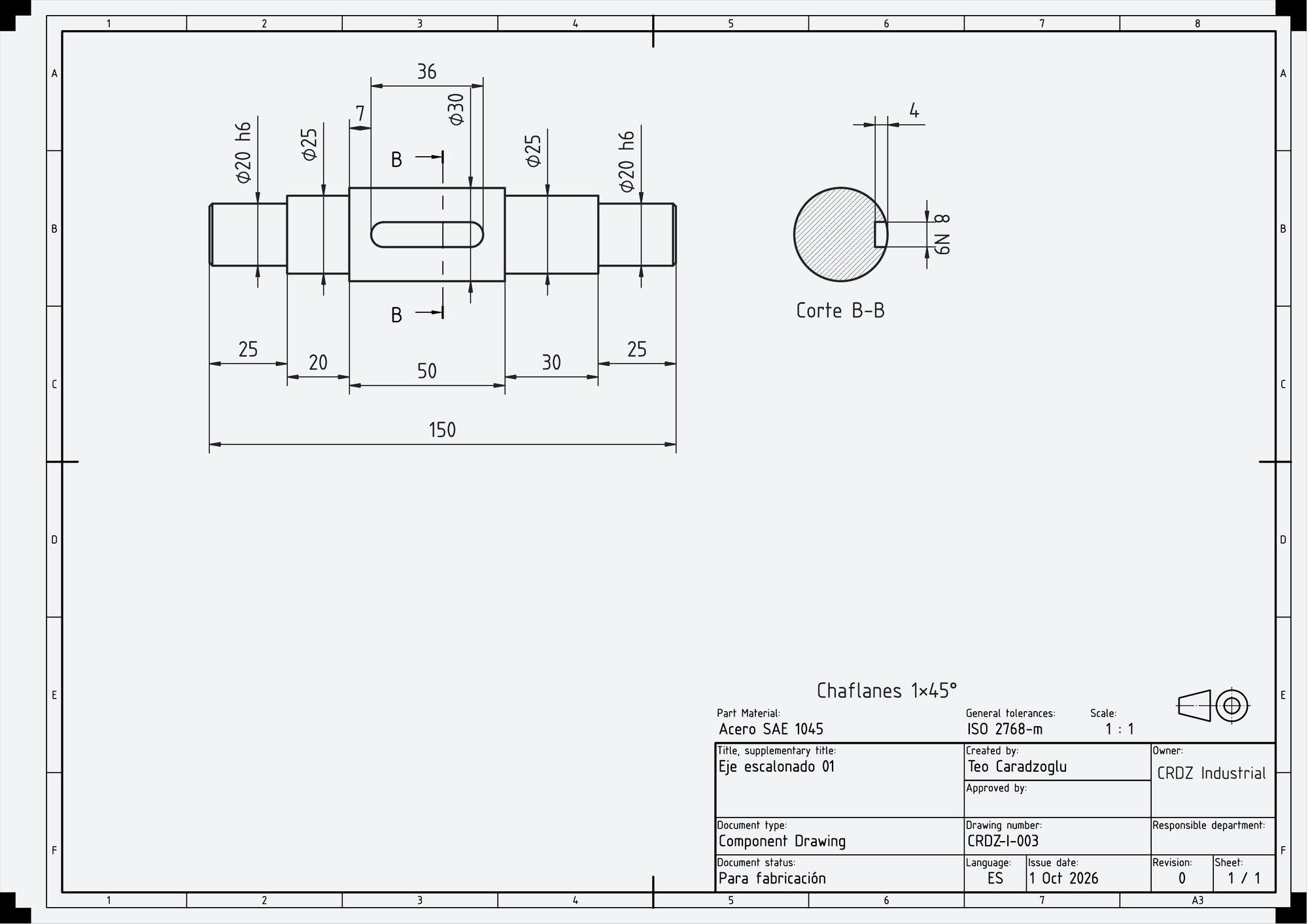 Plano de fabricación CRDZ-I-003 con vista principal, sección B-B, cotas, tolerancias y rótulo